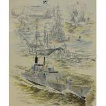 After Alan Goodburn (20th Century), coloured print, A battleship illustration depicting 8th