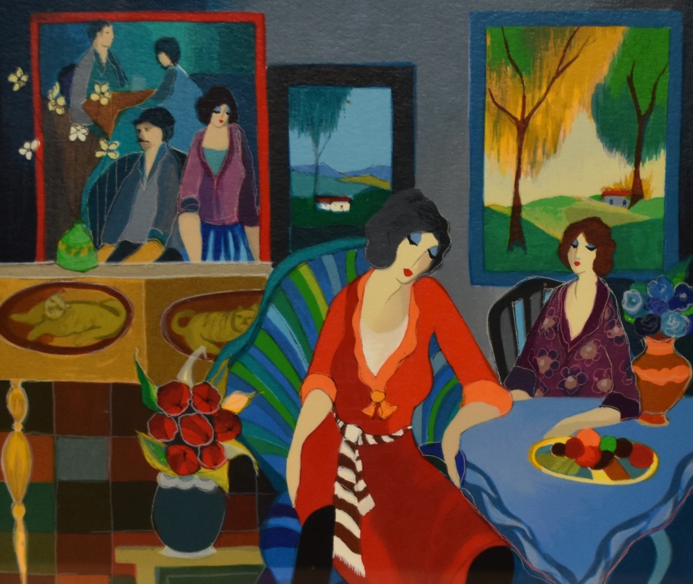 Itzchak Tarkay (1935-2012, Israeli), serigraphs, 'Good Conversation', a vibrantly coloured