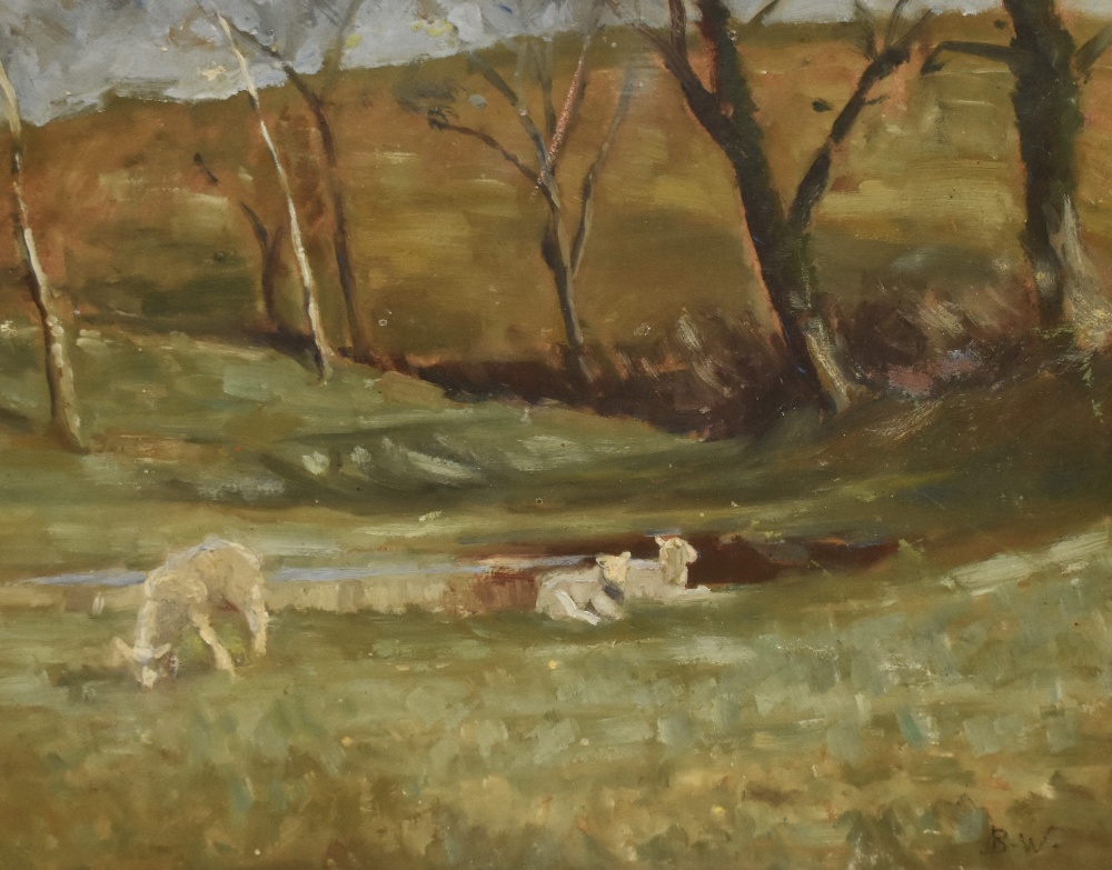 Beatrice Willink (1856-1924, British), oil on board, Lambs grazing in a countryside setting,