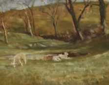 Beatrice Willink (1856-1924, British), oil on board, Lambs grazing in a countryside setting,