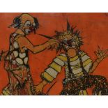 Jan Huntley (20th Century), batik print, 'Incarnadine', a striking portrayal of two clowns, framed