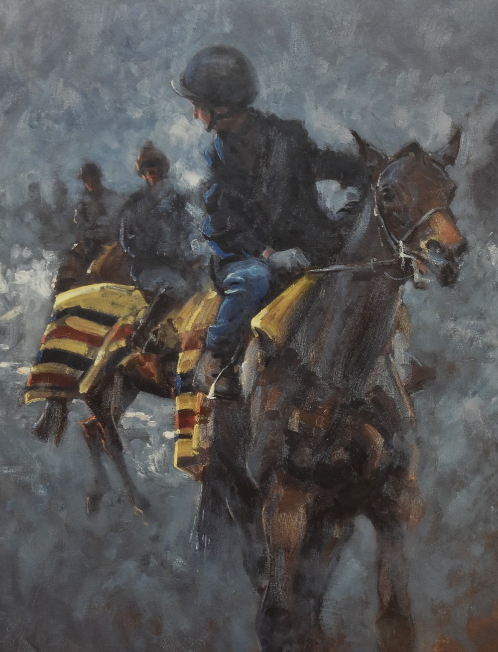 After Malcolm Coward (1948-2007, British), coloured prints, Three horse racing illustrations - '