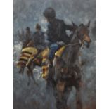 After Malcolm Coward (1948-2007, British), coloured prints, Three horse racing illustrations - '