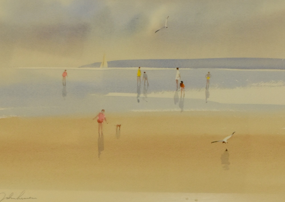 20th Century School, watercolour, A coastal landscape with figures paddling, signed to the lower