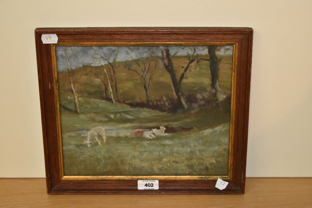 Beatrice Willink (1856-1924, British), oil on board, Lambs grazing in a countryside setting, - Image 2 of 4