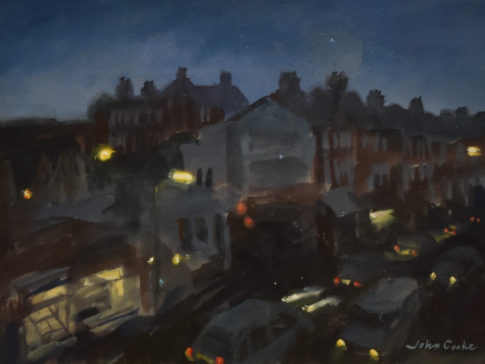 John Cooke (1929-2018, British), watercolour/gouache, A busy street scene at night, signed to the