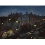 John Cooke (1929-2018, British), watercolour/gouache, A busy street scene at night, signed to the