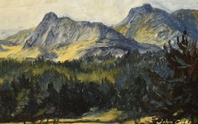*Local Interest - John Cooke (1929-2018, British), oil on board, The Langdale Pikes, Lake