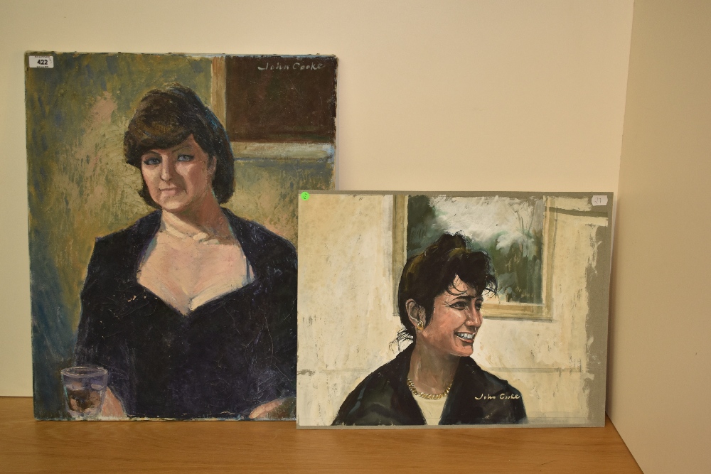 John Cooke (1929-2018, British), oils on canvas/card, Two portraits of female sitters, both - Image 2 of 5