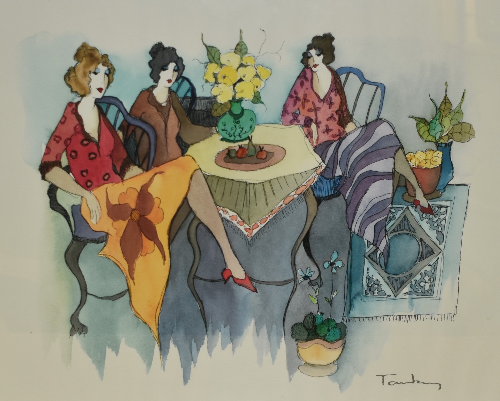 After Itzchak Tarkay (1935-2012, Israeli), coloured print, 'Blissful Moments', A colourful depiction