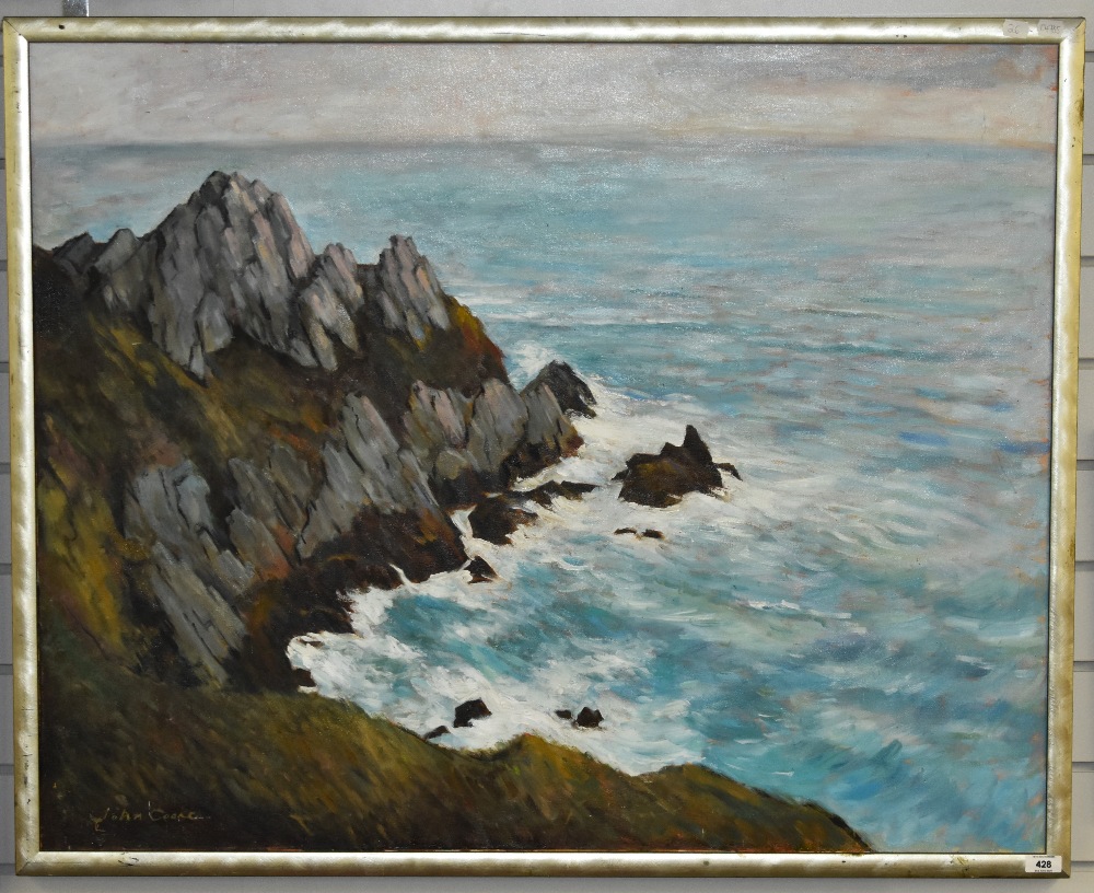 John Cooke (1929-2018, British), oil on canvas, An imposing, rocky coastal landscape, signed to - Image 2 of 3