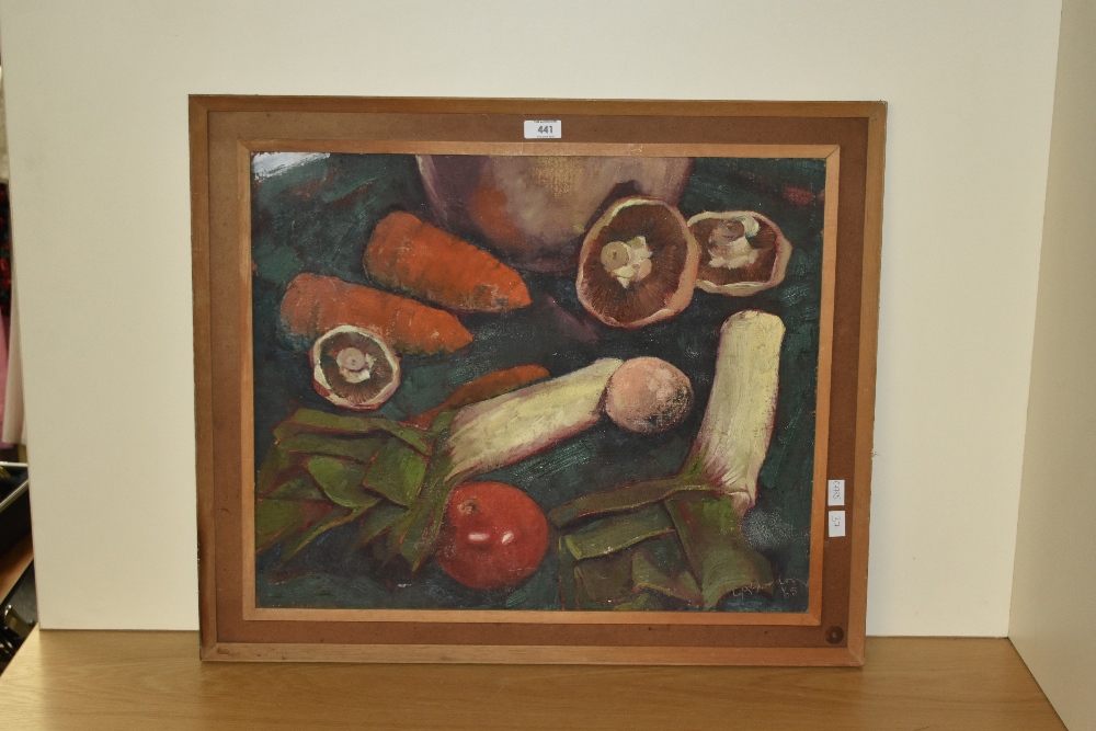 L.A. Gordon (20th Century, British), oil on board, 'Leeks and Mushrooms', a mid-20th Century still - Image 2 of 4