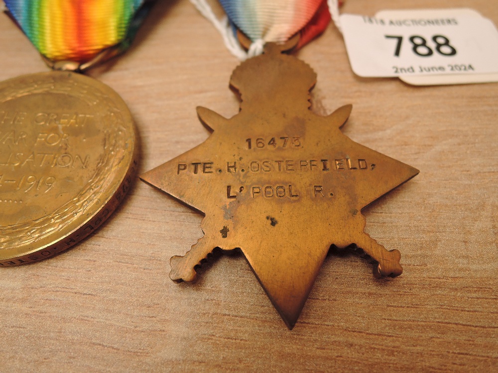 A WWI Trio and Memorial Plaque, 1914-15 Star to 16473 PTE.H.OSTERFIELD.L/POOL.R, War Medal name - Image 3 of 5