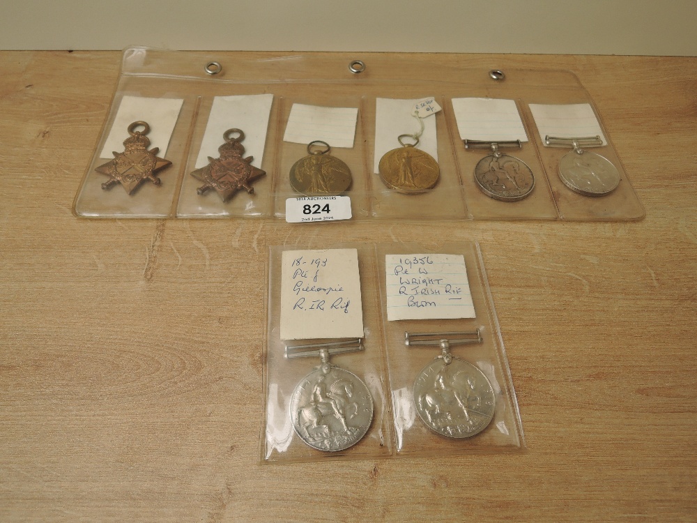 A collection of Irish Regiments WWI Medals, War Medals to 18-193 PTE.J.GILLESPIE.R.IR.RIF, 19356