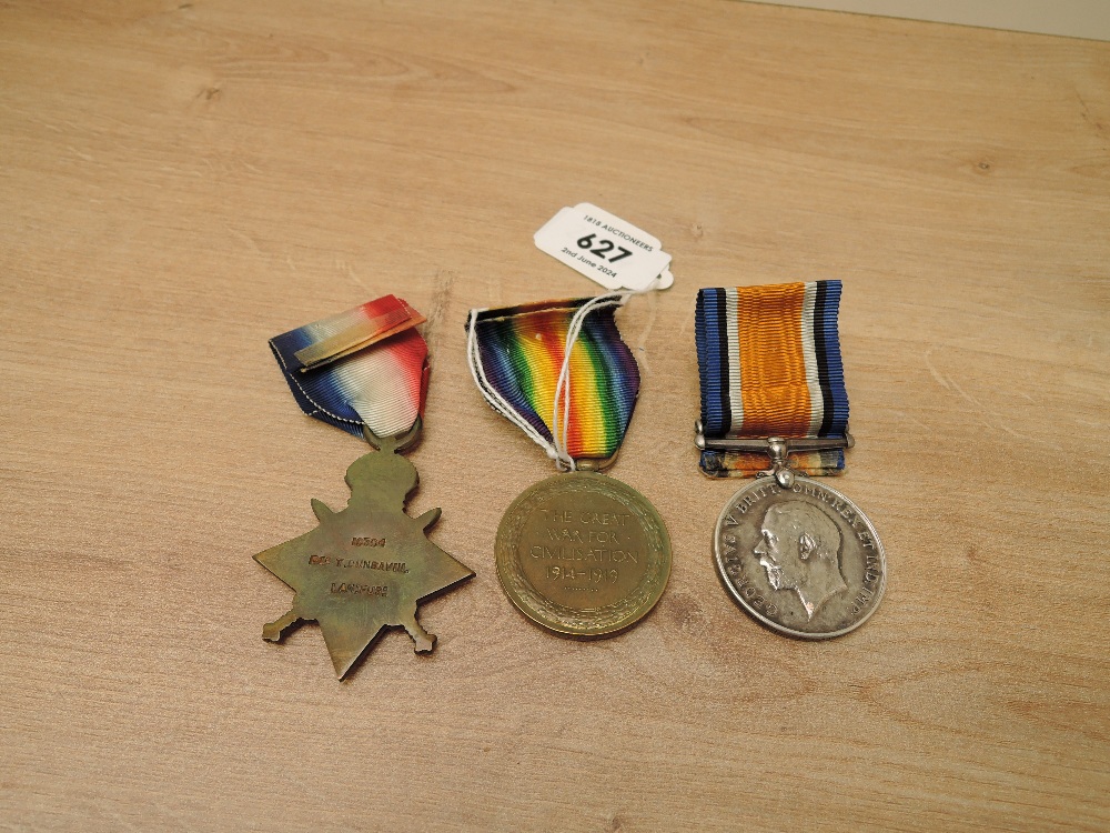 A WWI Medal Trio, 1914-15 Star, War Medal & Victory Medal to 19304 PTE.T.DUNBAVIN.LAN.FUS, all - Image 2 of 4