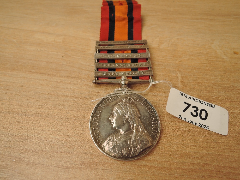 A Queen's South Africa Medal with five clasps, Cape Colony, Johannesburg, Transvaal, South Africa