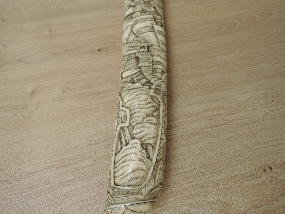 A Japanese Dagger with highly carved bone hilt and scabbard depicting Samurai Warriors, blade length - Image 8 of 8