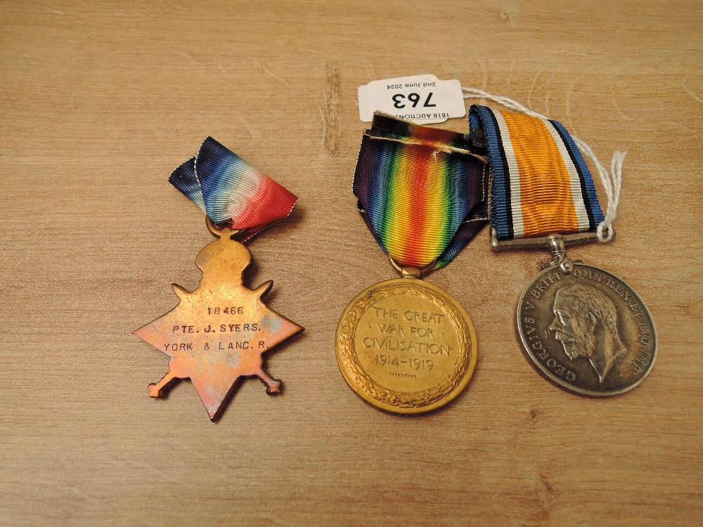 A Trio of WWI Medals to 18466.PTE.J.SYERS.YORK.&.LANC.R, 1914-15 Star, War Medal 1914-20 and Victory - Image 2 of 4