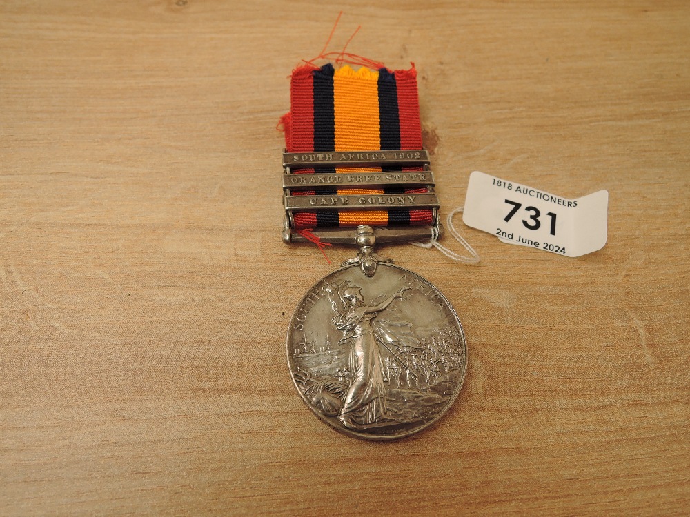 A Queen's South Africa Medal with three clasps, Cape Colony, Orange Free State and South Africa 1902