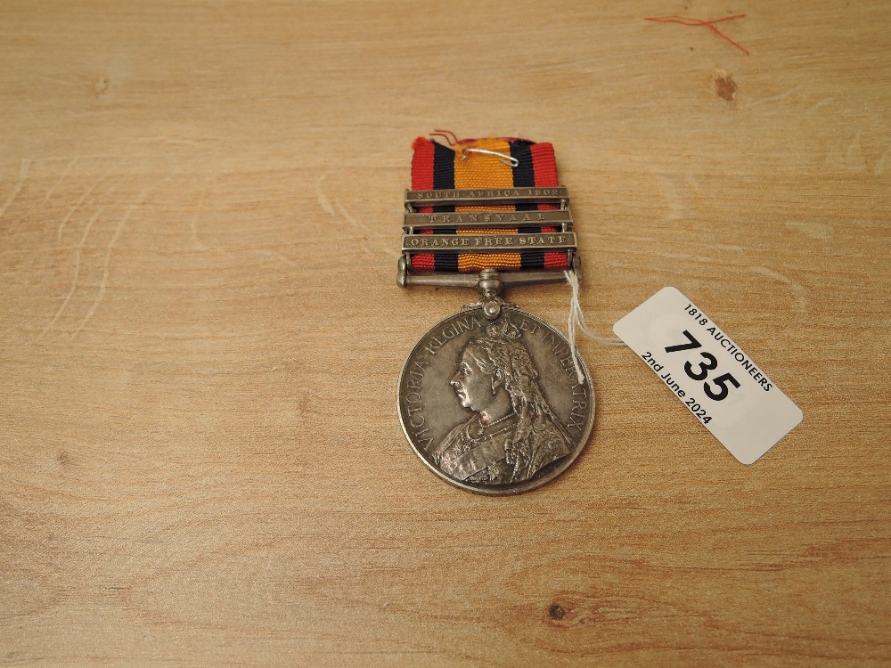 A Queen's South Africa Medal with three clasps, Orange Free State, Transvaal and South Africa 1902