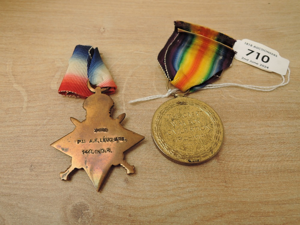 A pair of WWI Medals, 1914-15 Star to 2439 PTE.A.E.LEUCHERS.14/LOND.R and Victory Medal to 2.LIEUT. - Image 2 of 4