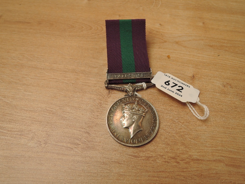 A George VI British General Service Medal 1918-62, Palestine clasp to T/64087 DVR.P.MANLEY.R.A.S.C