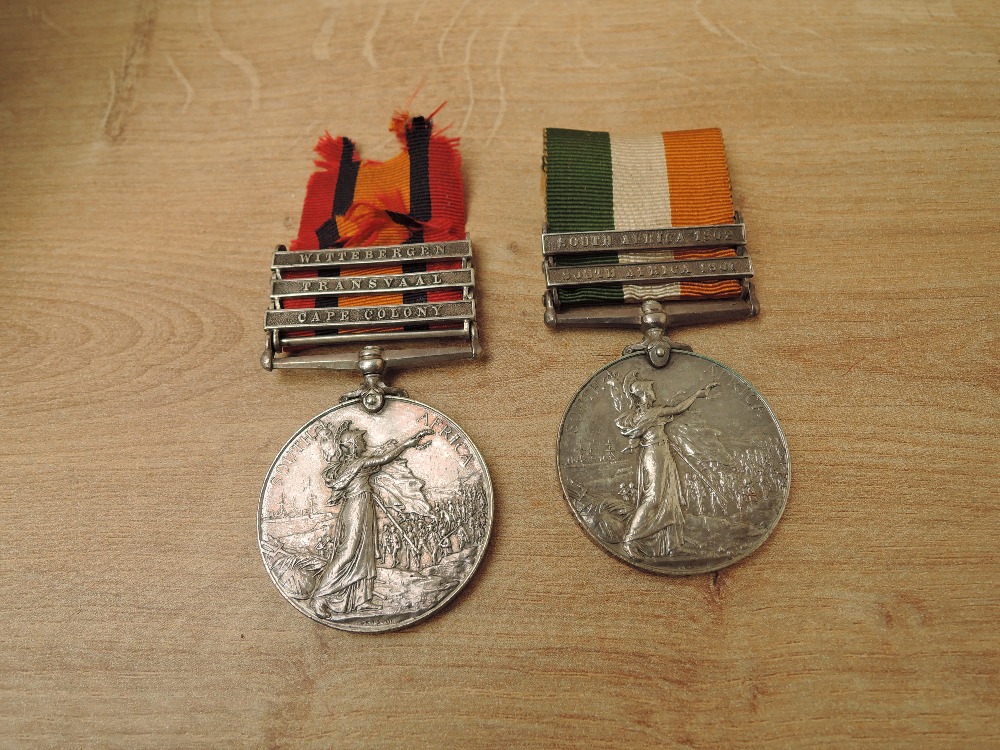 A pair of Queen and King South Africa Medals, Queens Medal with three clasps, Wittebergen, Transvaal