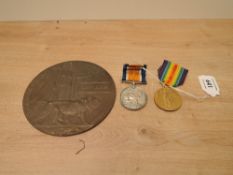 A WWI Medal Pair and Memorial Plaque, War & Victory Medals to 63403 PTE.A.GLOVER.WELSH.R, both