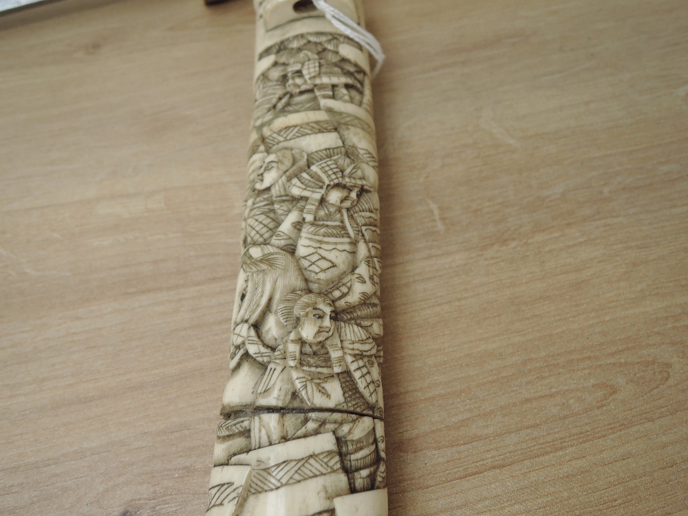 A Japanese Dagger with highly carved bone hilt and scabbard depicting Samurai Warriors, blade length - Image 7 of 8