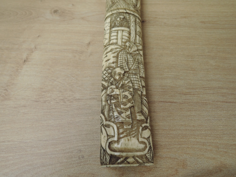 A Japanese Dagger with highly carved bone hilt and scabbard depicting Village People & Houses, blade - Image 8 of 8