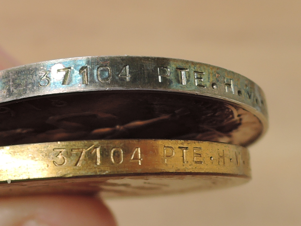 A WWI Medal Pair, War & Victory to 37104 PTE.H.V.HILL.HAMPS.R, both with ribbons - Image 3 of 4