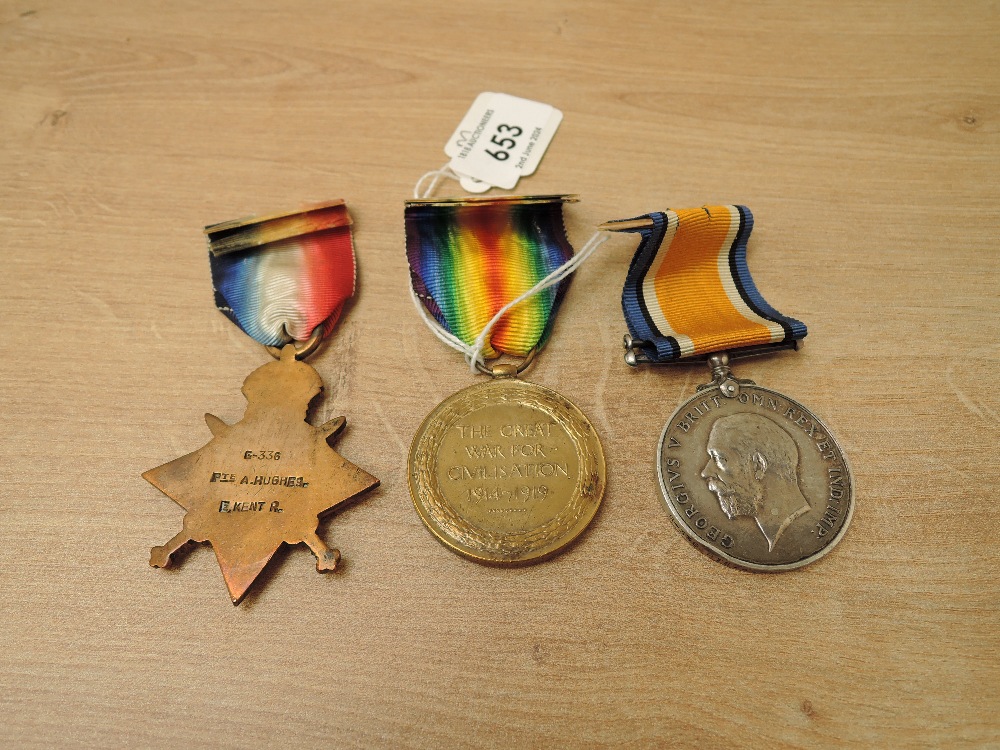 A WWI Medal Trio, 1914-15 Star, War Medal & Victory Medal to G-336.PTE.HUGHES.E.KENT.R, all with - Image 2 of 4