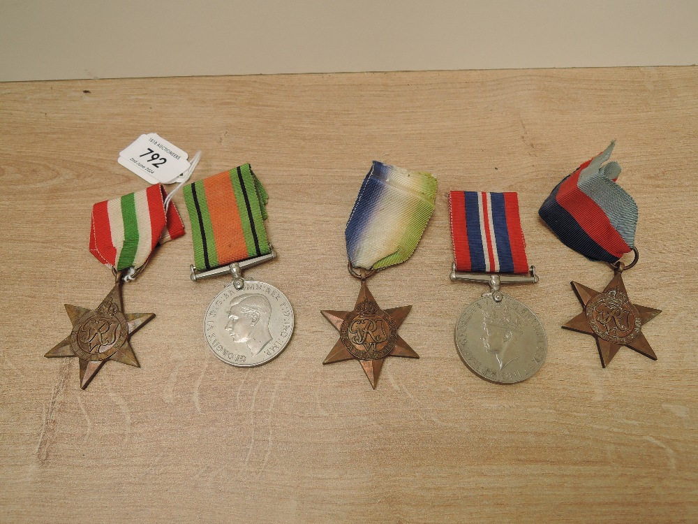A WWII Five Medal Group, 1939-45 Star, Atlantic Star, Italy Star, War & Defence Medal, all unnamed