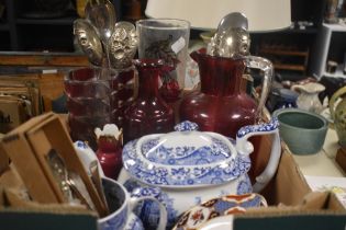 A Spode 'Italian teapot and jug, a Spode 'Shima' leaf plate, a cranberry glass water jug and a