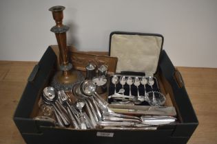 A boxed set of six plated teaspoons and a small carton of assorted flatware and cutlery etc.