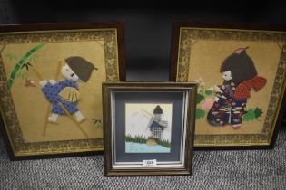 A trio of framed Japanese collages