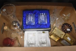 A selection of cut glass including a pair of boxed Rowton Crystal whiskey glasses engraved for the