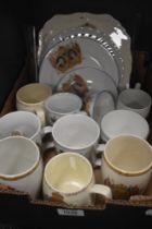 A carton of assorted coronation ware including mugs, plates and cup and saucer also included are two