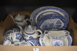 A carton of blue and white ware including Ironstone and Wood & Sons etc.