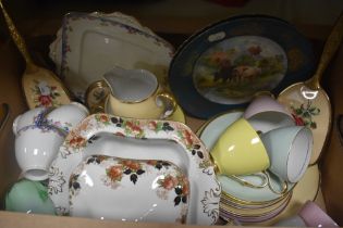 A Harlequin part tea service (21 pieces approx), a dressing table set having embroidered back, a B.