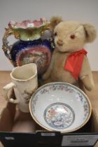 A Till & Sons Pottery oriental style footed bowl, a large ornate urn vase and a vintage teddy bear