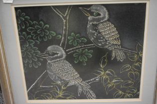 Contemporary, mixed media, Two Kookaburra birds, framed, mounted, and under glass, measuring 26cm