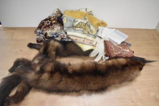 A vintage mink stole and a selection of scarves, gloves and hankies.