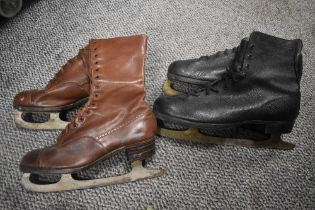 Two pairs of vintage leather ice skates a ladies Kiltie make and a gents Hotspun make.
