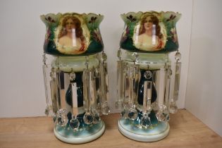 A pair of Victorian opaque glass table lustres, transfer decorated with classically styled maidens