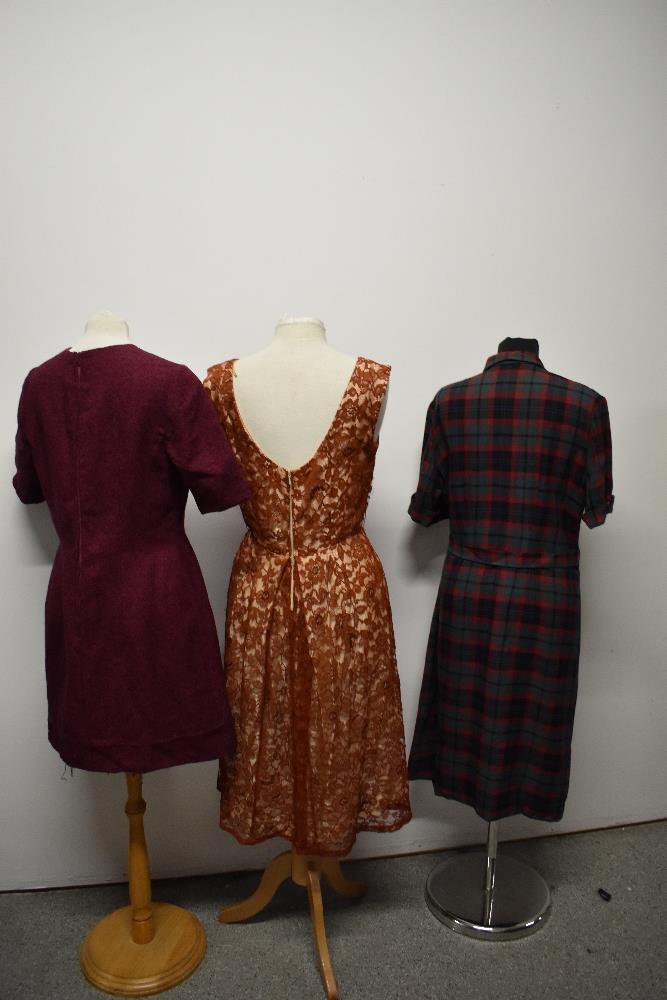Three vintage 1950s to 1960s dresses, including plaid cotton in a larger size, with belt. - Image 8 of 8