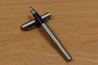 A Parker 25 cartridge fill fountain pen in brushed steel.