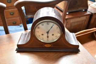 An Edwardian inlaid mahogany napoleon style mantle clock, having Arabic dial.