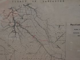 A framed map of the County of Lancaster, measuring 77cm x 97cm overall