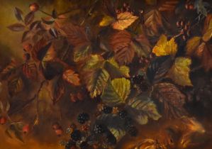 19th Century School, oil on canvas, A still life arrangement depicting leaves, brambles, and